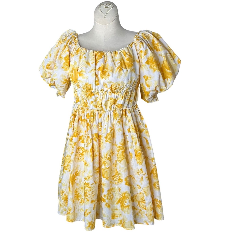 Abercrombie & Fitch Yellow Floral Puff Sleeve Smocked Mini Dress Womens Medium - Picture 2 of 10